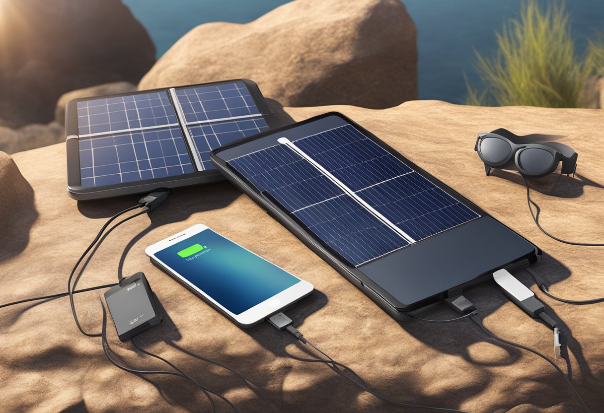 A portable solar charger sits on a rocky surface, soaking up the sunlight with its solar panels. A smartphone is plugged into the charger, indicating its functionality