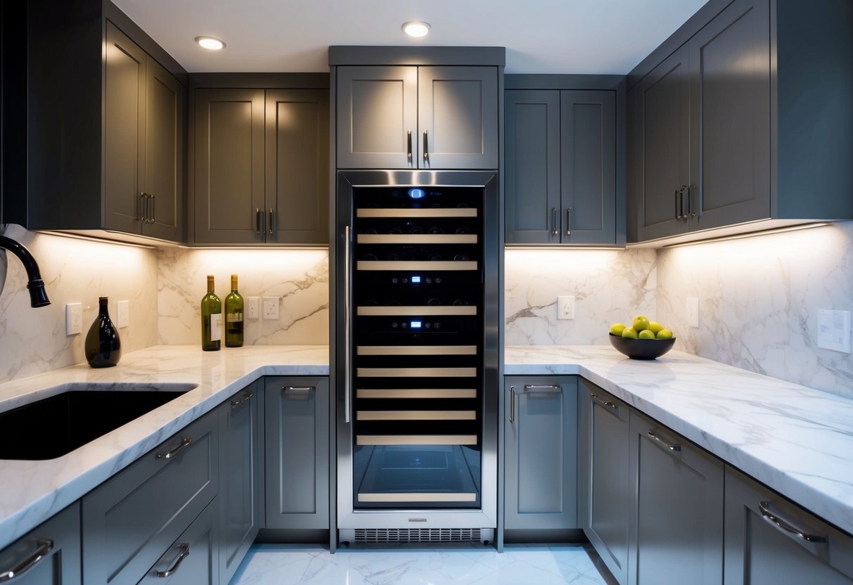 A modern kitchen with a sleek, stainless steel wine refrigerator built into the cabinetry. The refrigerator is surrounded by marble countertops and illuminated by soft recessed lighting