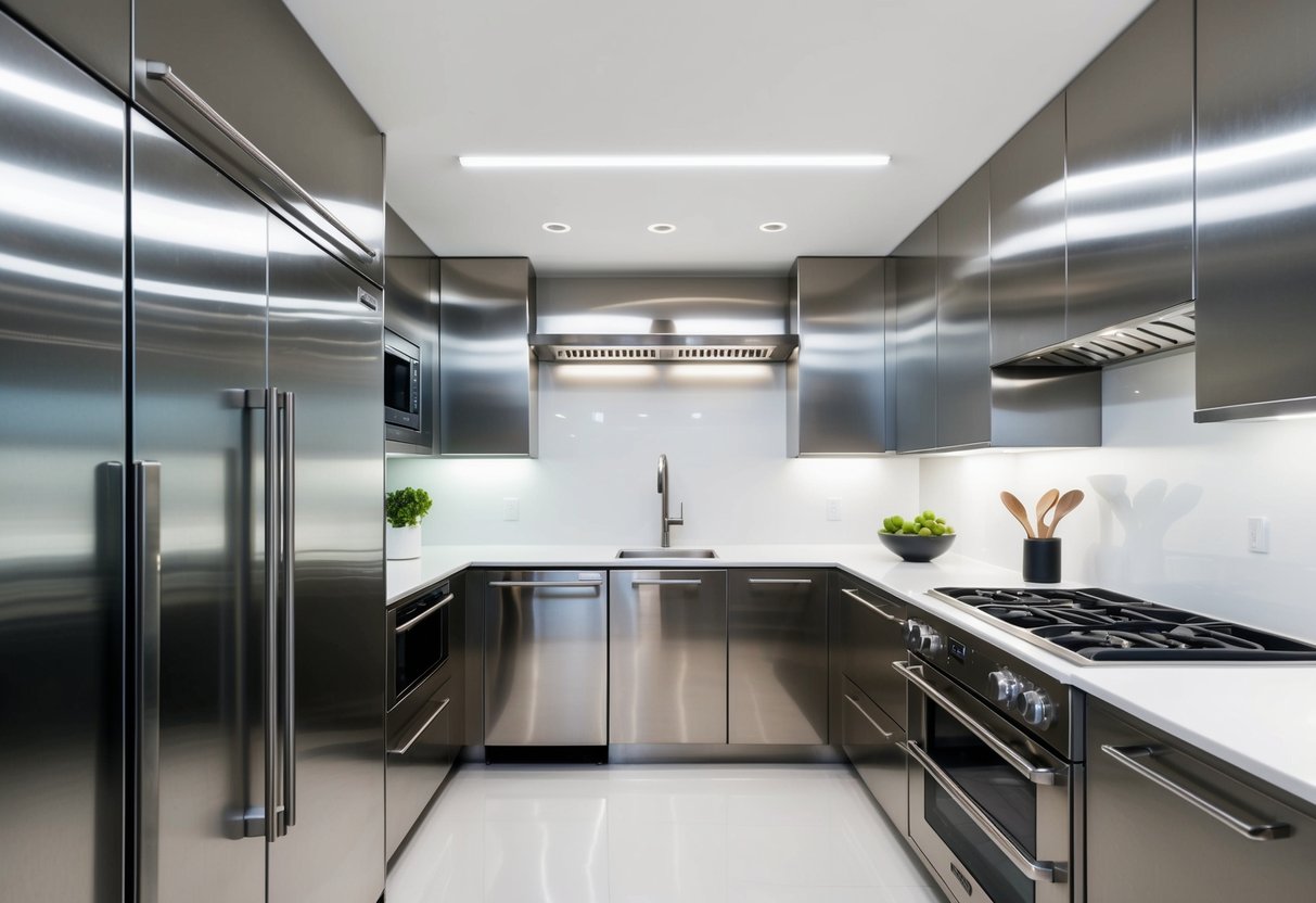 A sleek, modern kitchen with stainless steel appliances, clean lines, and minimalist design. Bright lighting highlights the polished surfaces and reflective finishes