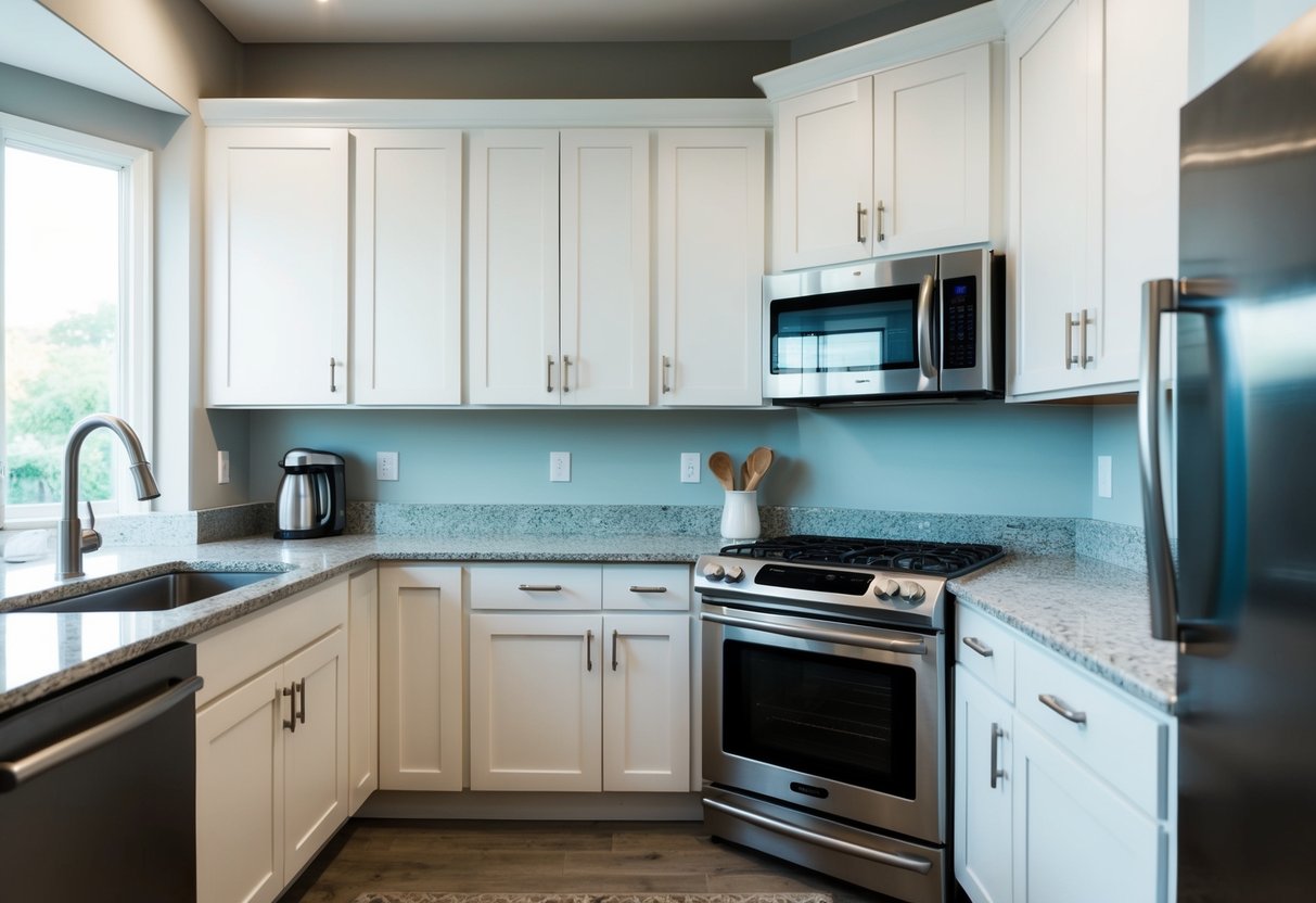 A modern kitchen with shaker cabinets, granite countertops, and stainless steel appliances. The cabinets are a classic white color, with simple, clean lines and minimal hardware