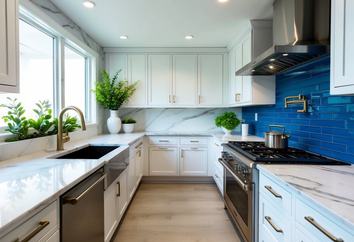 A modern kitchen with sleek white cabinets, marble countertops, and stainless steel appliances. A pop of color is added with a bold blue backsplash and vibrant greenery