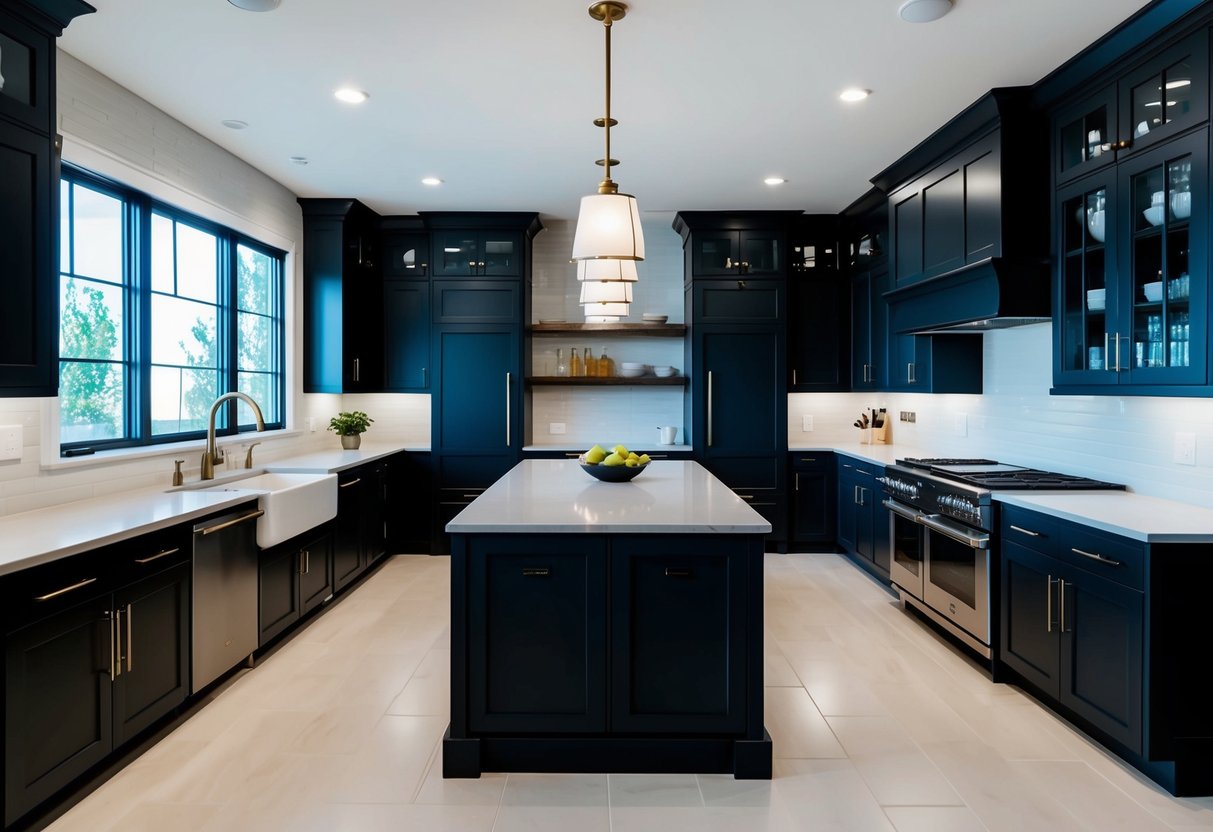 A spacious kitchen with an island and ample counter space. Open shelving and sleek appliances optimize the layout. Large windows provide natural light