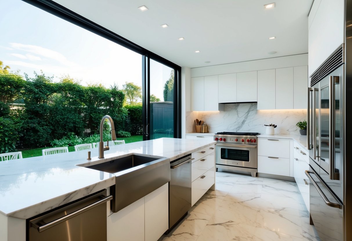 A bright, modern kitchen with recessed lighting, marble countertops, and a large window overlooking a garden. Stainless steel appliances and sleek, minimalist design elements create a contemporary ambiance