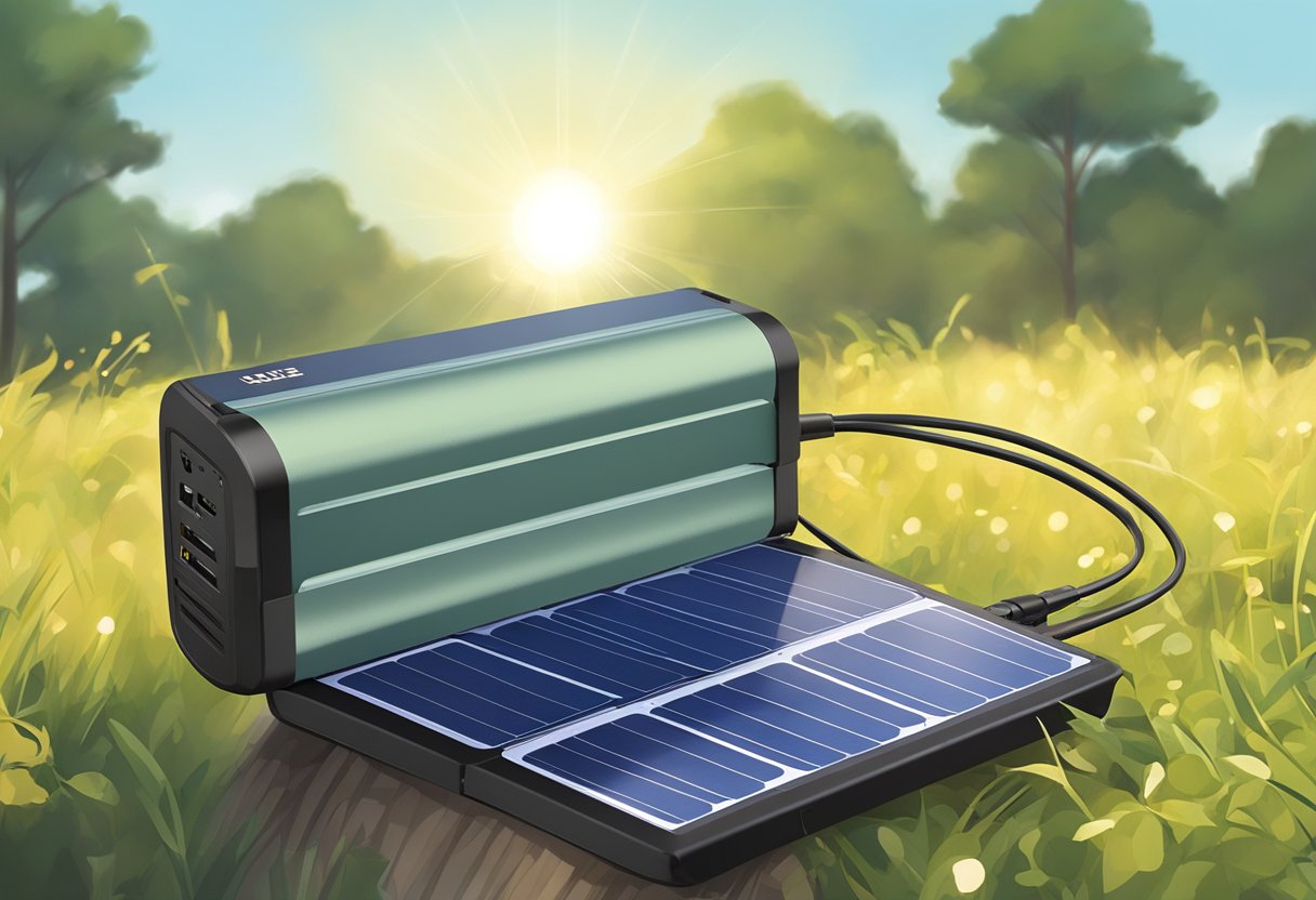 A portable solar charger is set up outdoors, with the sun shining down on it. The charger is compact and lightweight, with multiple panels and a USB port for easy use