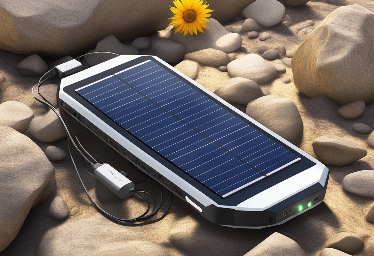 A portable solar charger placed on a rocky surface, with the sun shining brightly overhead and a mobile device connected to the charger, indicating its use