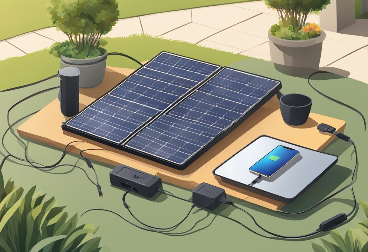 A person sets up a portable solar charger outdoors on a sunny day, positioning it towards the sun. The charger is compact, with multiple panels and a built-in battery for storing energy