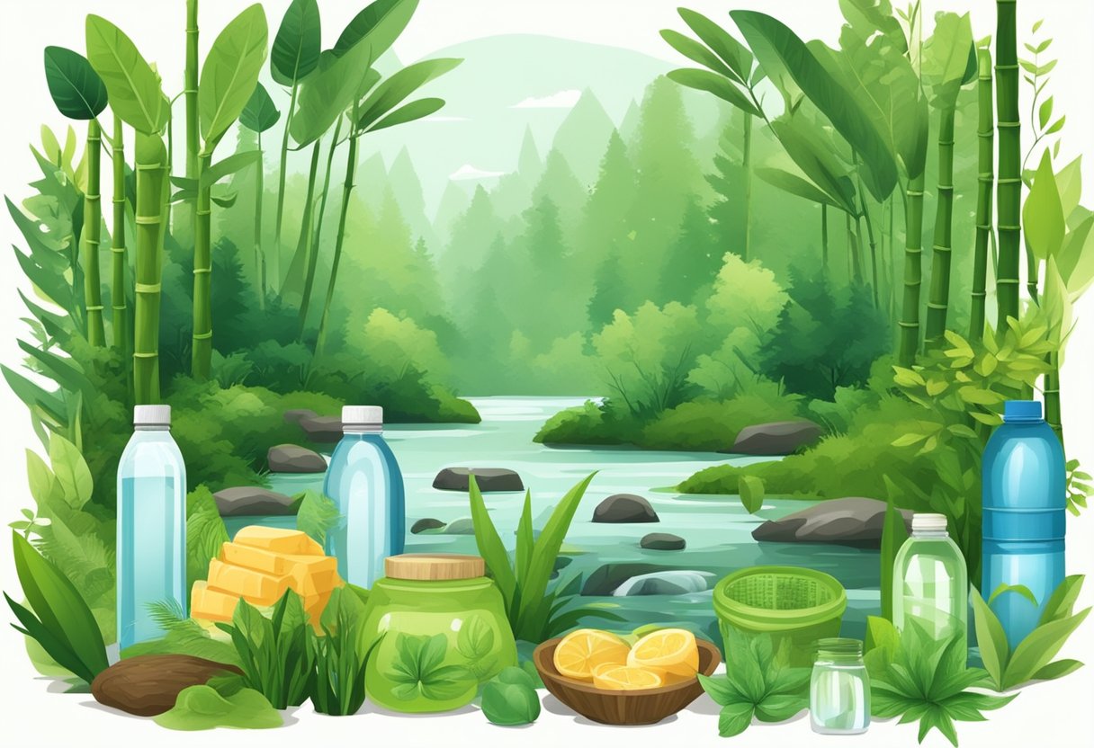 A lush green forest with a clear stream, surrounded by eco-friendly products like reusable water bottles, bamboo utensils, and biodegradable packaging