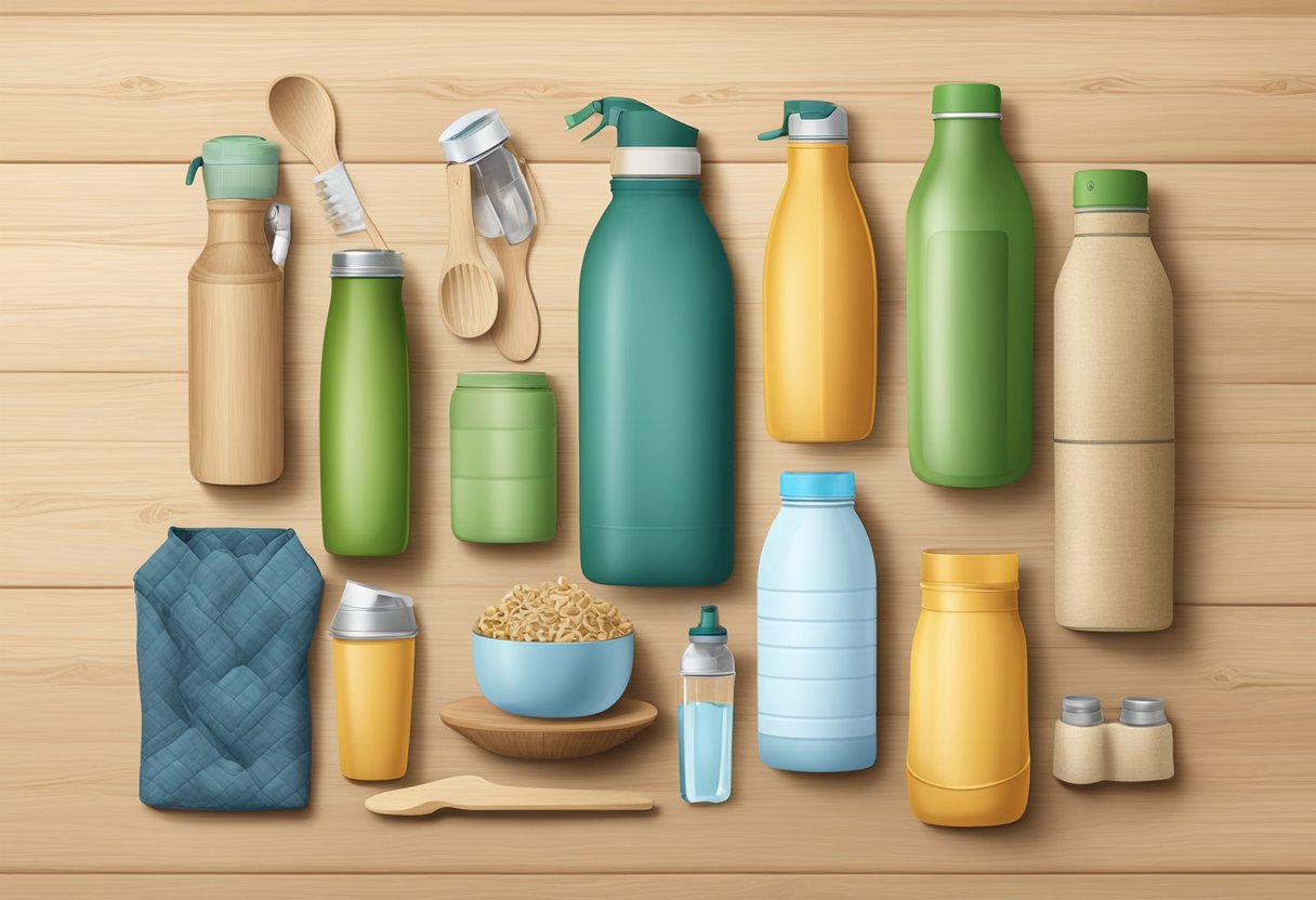 A variety of eco-friendly products arranged on a wooden table, including reusable water bottles, bamboo utensils, cloth grocery bags, and recyclable packaging