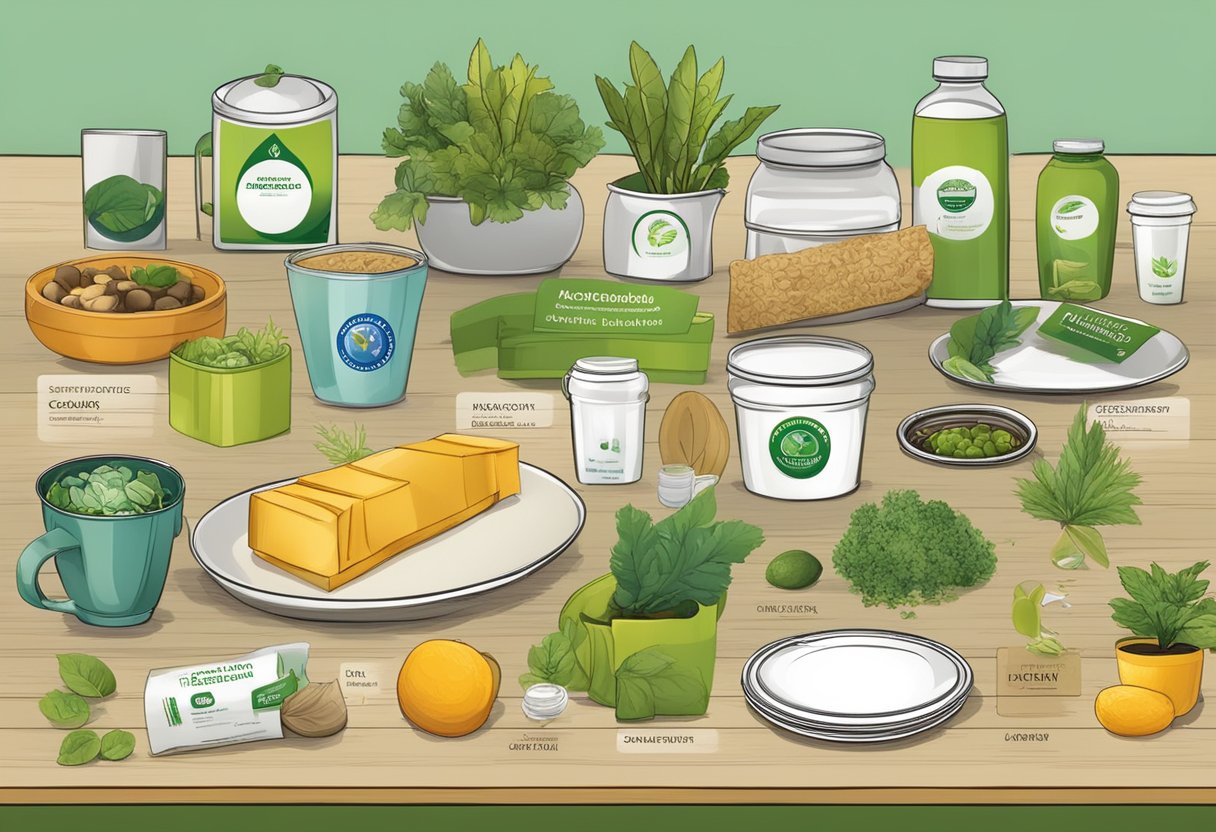 A table with various eco-friendly products labeled with certification logos and standards symbols