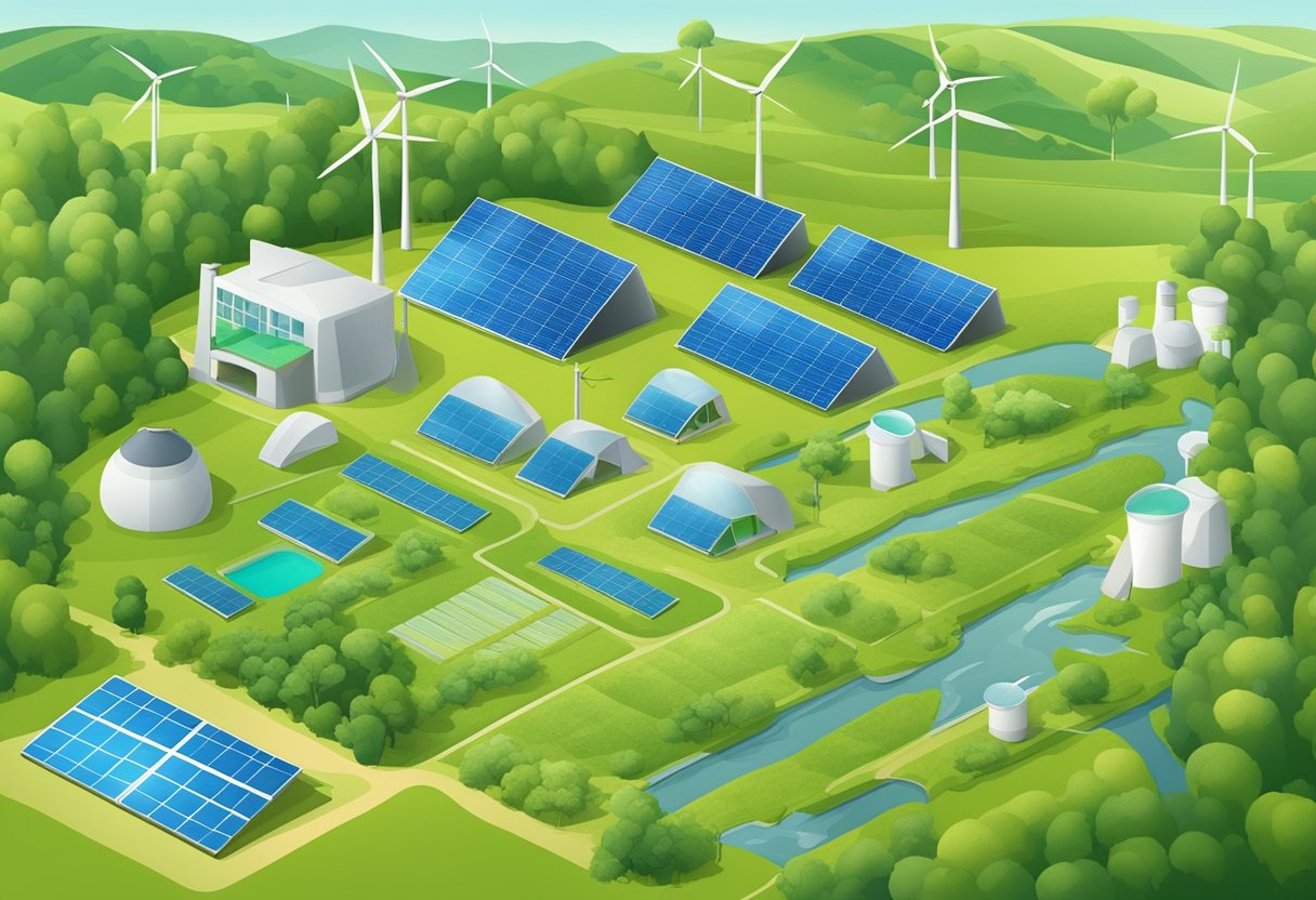 A lush green landscape with renewable energy sources, solar panels, wind turbines, and eco-friendly products like reusable bags and compostable packaging