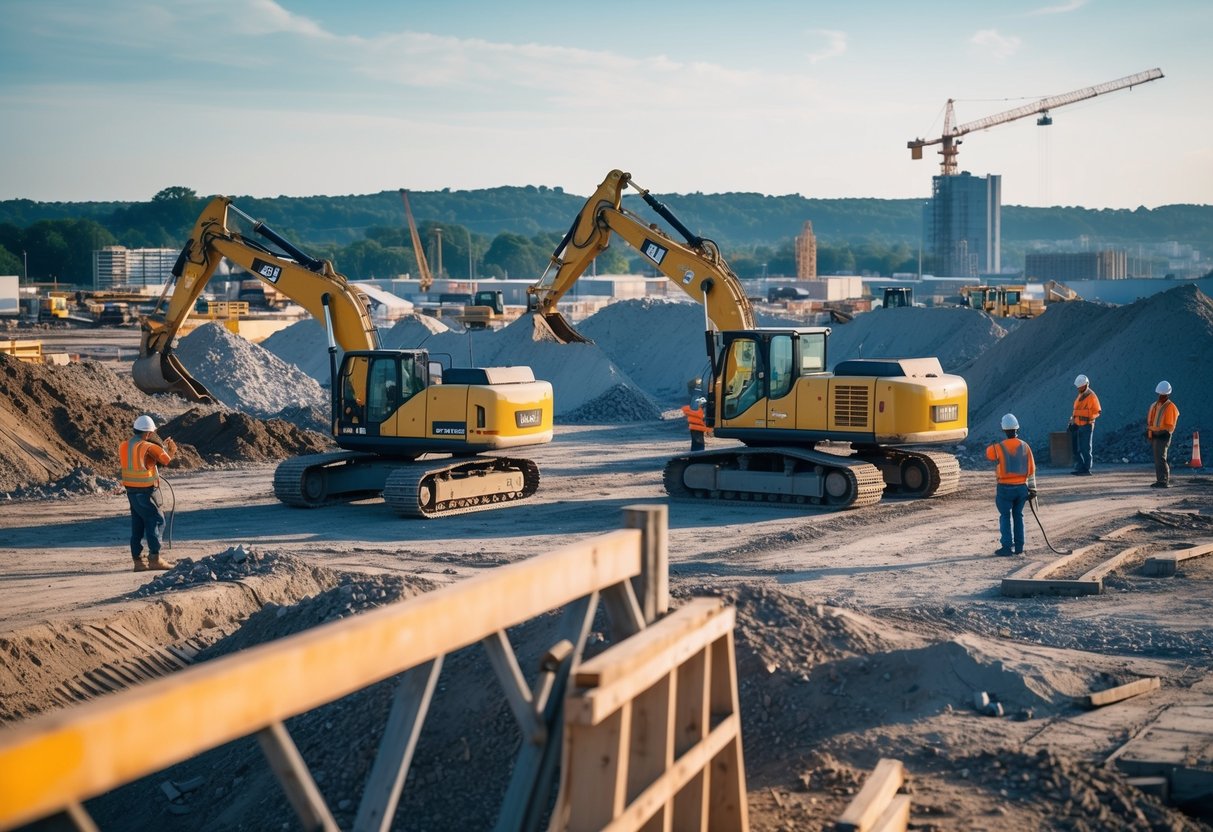 A construction site with workers and heavy machinery, displaying the influence of INSEE EV1 index on public works projects