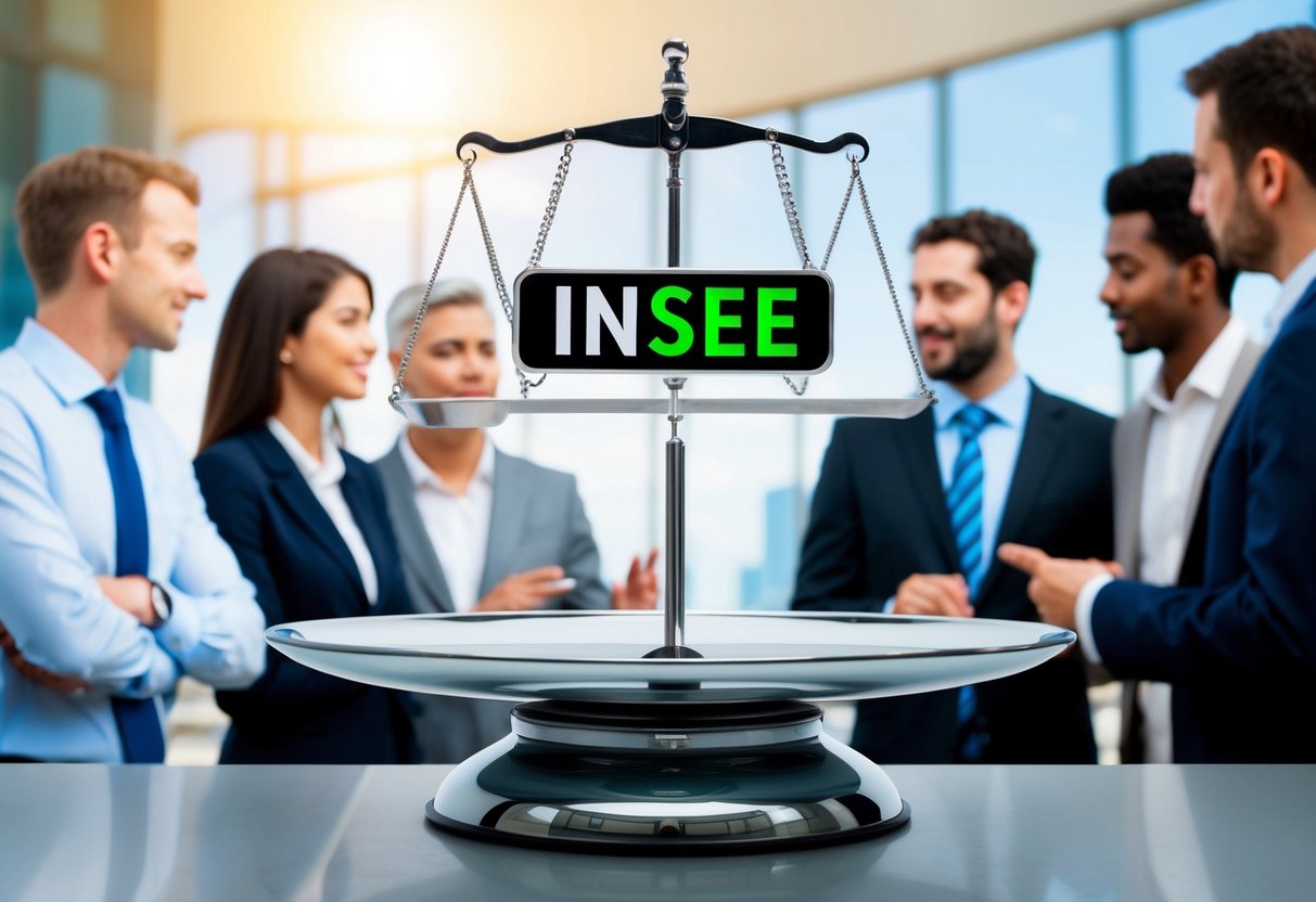 A scale representing the INSEE EV1 index is prominently displayed in the foreground, while a group of diverse individuals engage in a discussion about public markets in the background