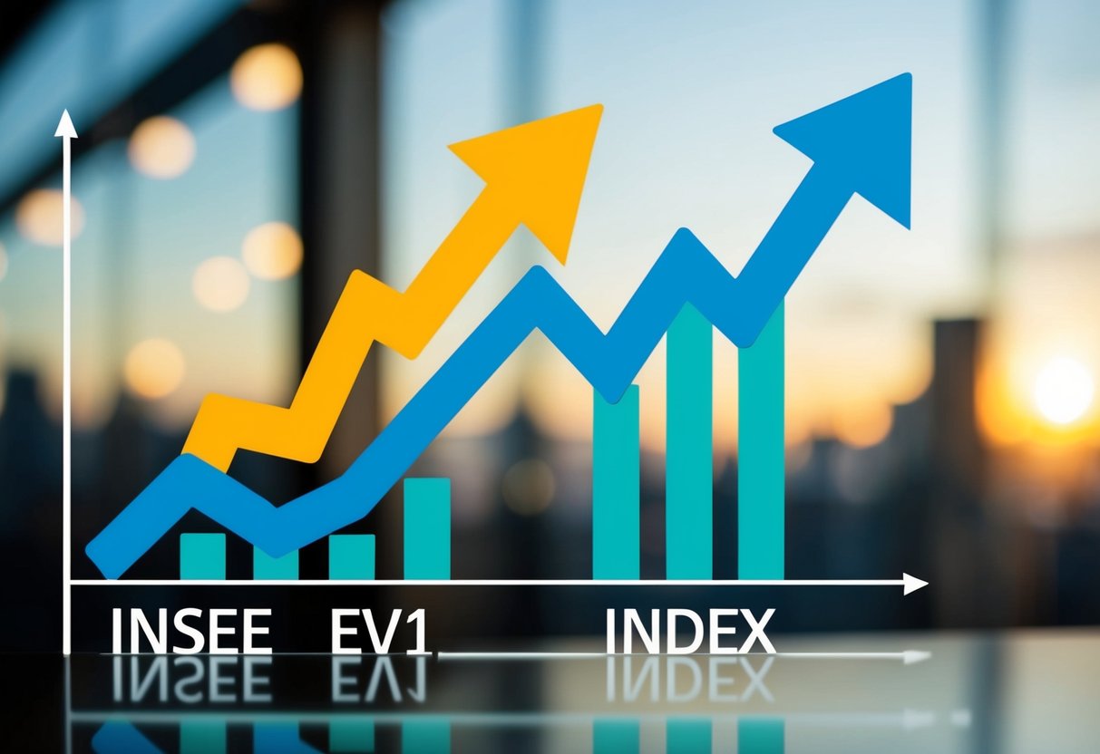 A graph showing the fluctuation of the INSEE EV1 index in relation to public market trends, with arrows pointing upwards and downwards to indicate impact