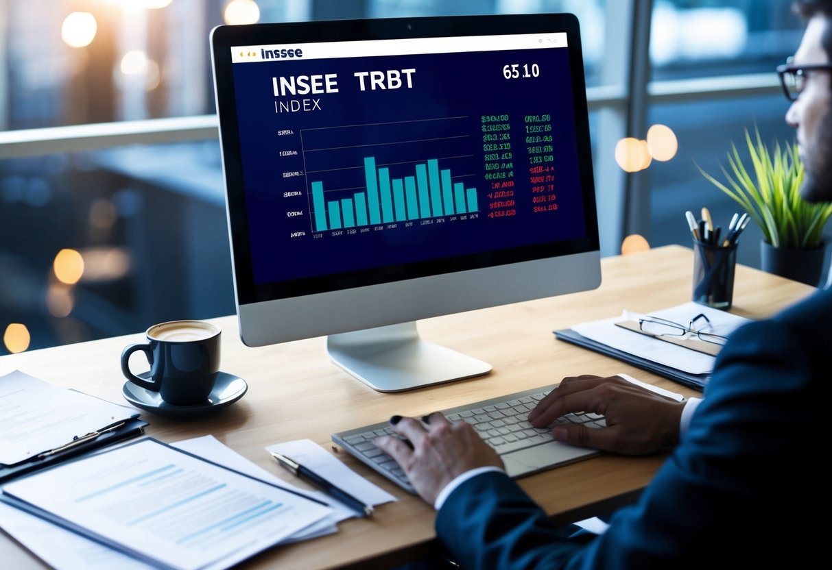 An office desk with a computer screen displaying INSEE TRBT index data, surrounded by paperwork and a cup of coffee