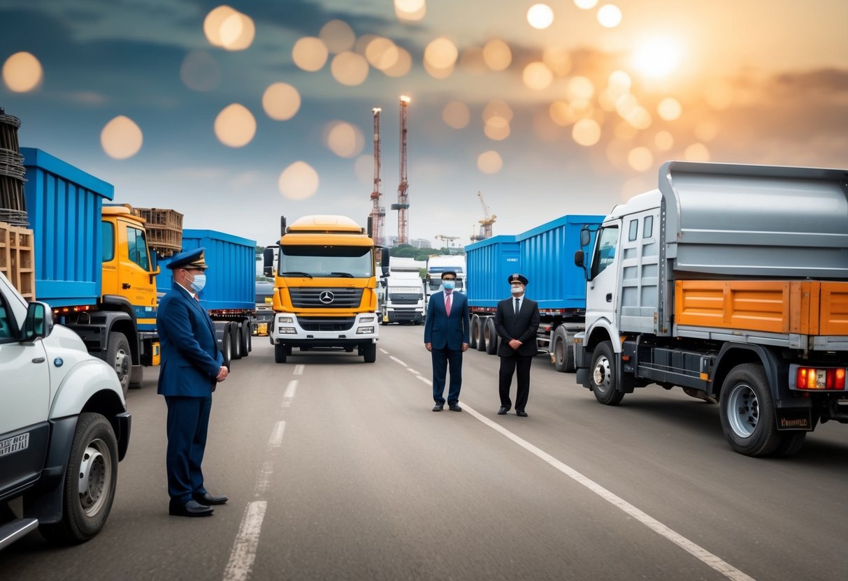 A bustling marketplace with trucks and construction materials being transported, while government officials oversee public procurement processes