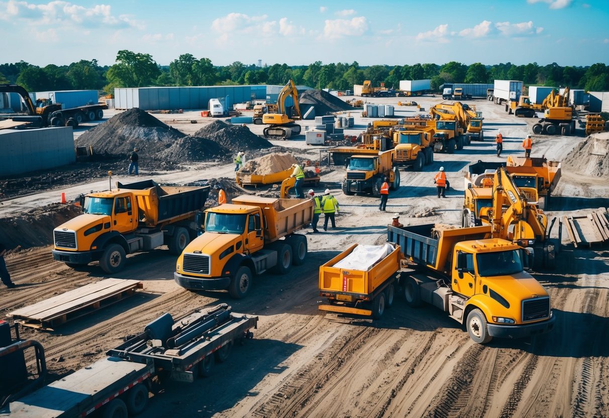 A busy construction site with various heavy machinery and equipment, workers moving materials, and trucks transporting goods in and out of the area