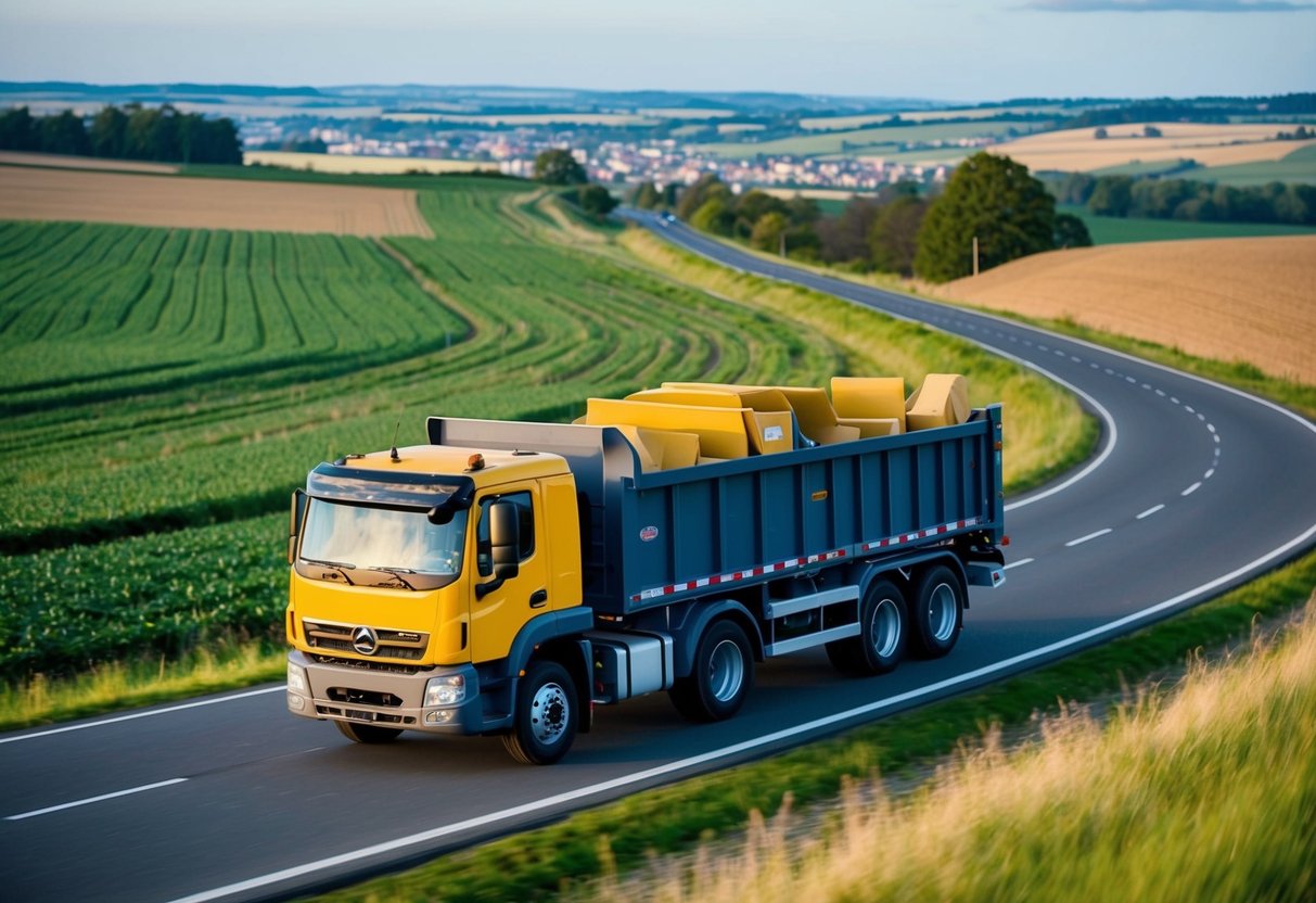 A truck loaded with construction materials drives along a winding road, passing through a rural landscape with fields and a distant town