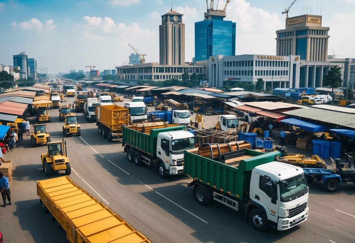 A bustling transportation hub with trucks and construction materials, surrounded by government buildings and public market stalls