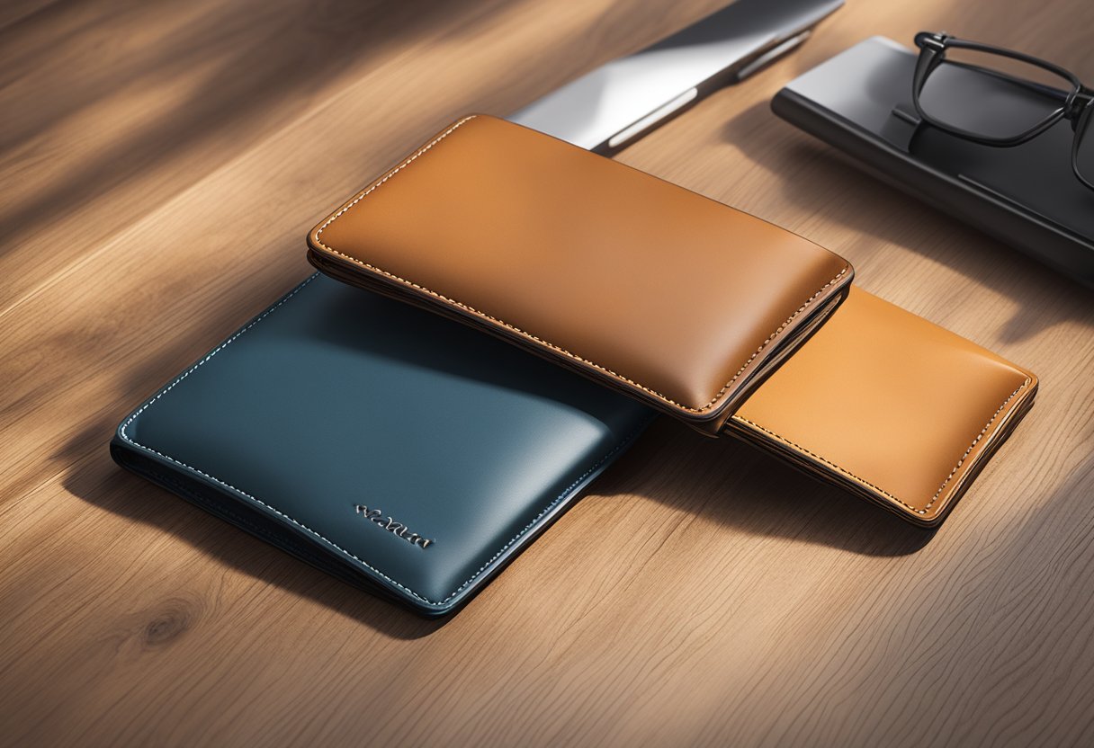 A sleek vegan leather wallet sits on a wooden table, catching the light with its smooth, faux leather surface