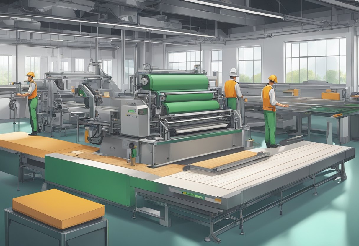 Machines press, cut, and assemble plant-based materials into sheets of vegan leather. Workers oversee the production line, while conveyor belts transport materials