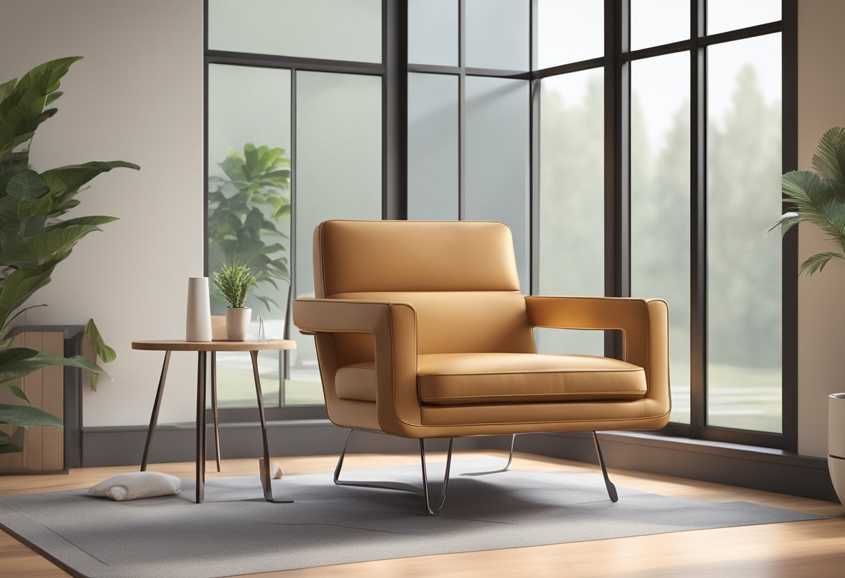 A sleek, modern chair made of vegan leather sits in a minimalist living room, bathed in soft natural light from a nearby window