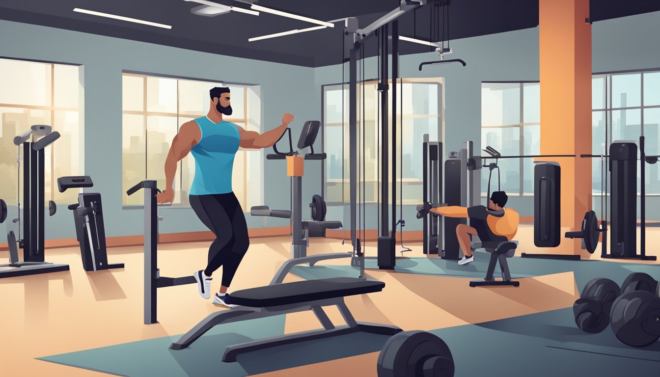 A personal training session in a modern gym with weight machines and exercise equipment. A trainer is guiding a client through a workout routine