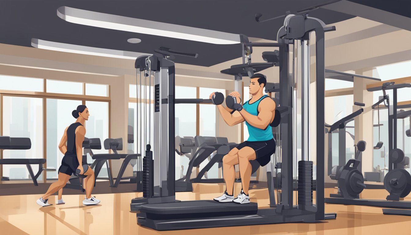 A personal trainer guiding a client through various exercises in a well-equipped gym setting. The trainer provides instruction and motivation while the client works on strength and conditioning
