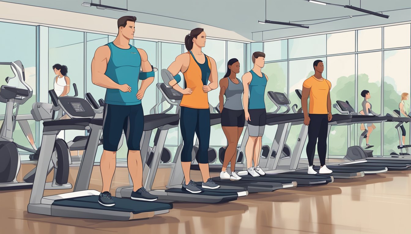 A person standing in front of a row of personal trainers, each with a different price tag. The trainers are in a gym setting with exercise equipment in the background
