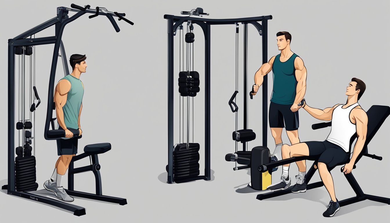A personal trainer with a client, demonstrating exercises and using gym equipment