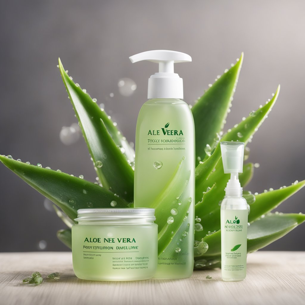 Aloe vera plant with soothing gel oozing from the leaves, surrounded by armpit care products and a gentle, calming atmosphere