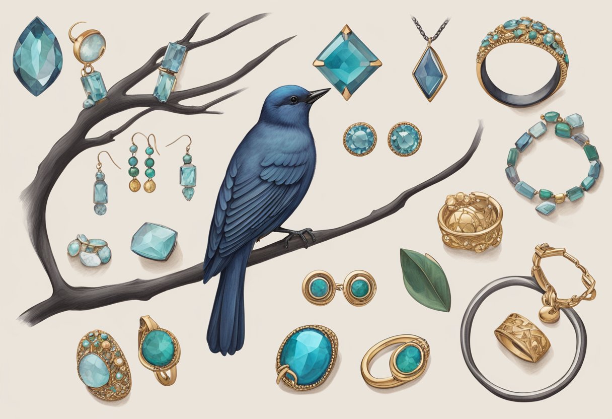 A catbird perched on a branch surrounded by seven different pieces of ethical jewelry, each representing a different brand