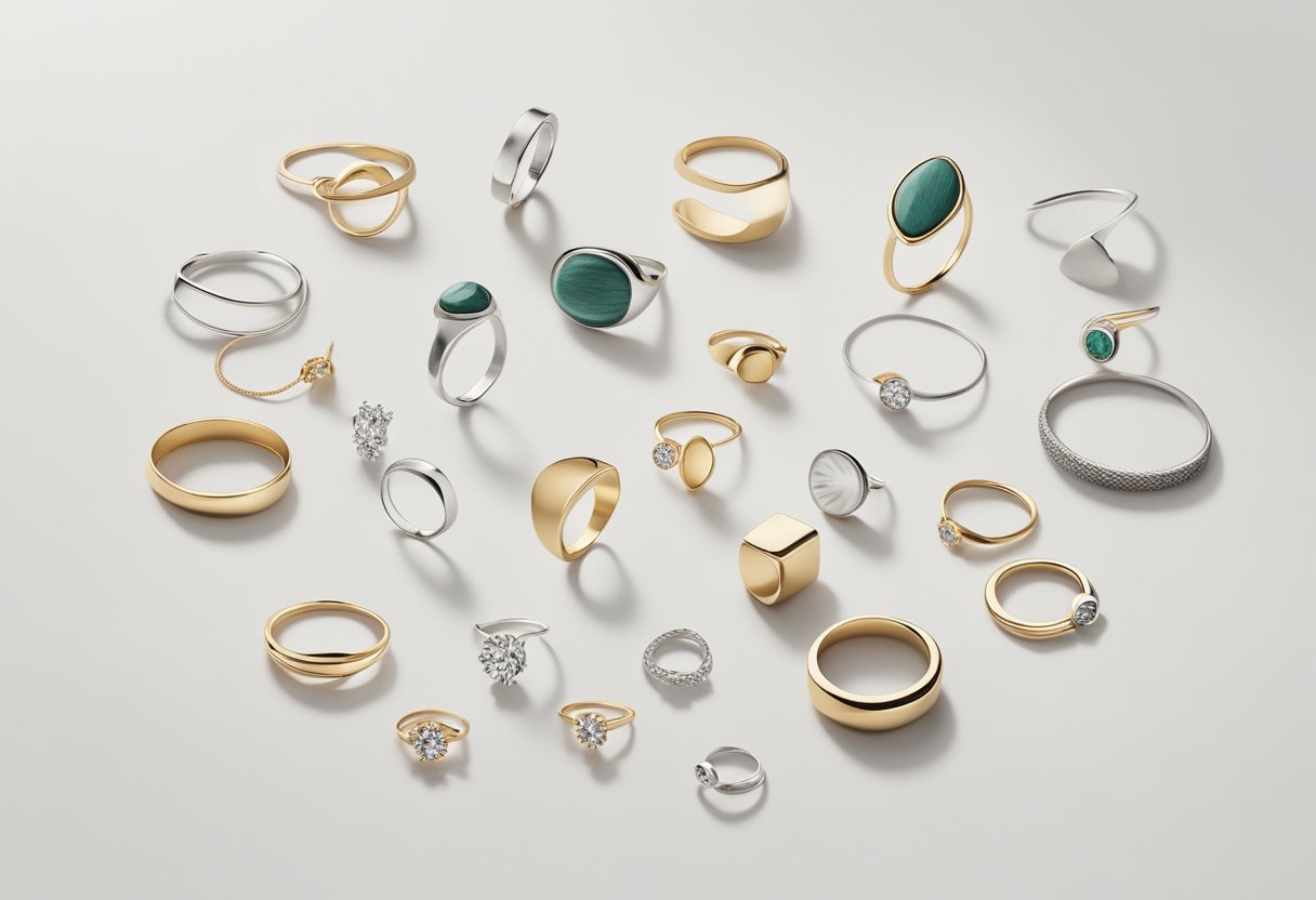 A display of SOKO 7 ethical jewelry brands, featuring minimalist and modern designs, arranged on a sleek, white surface with soft, natural lighting