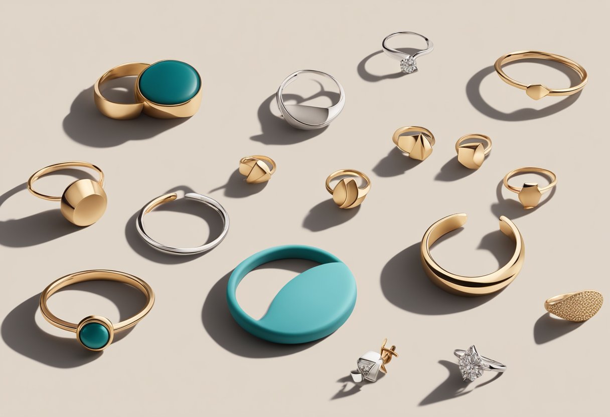 A display of 7 jewelry pieces, each from a different ethical brand, arranged on a clean, minimalist background. Each piece is unique in design and made with sustainable materials