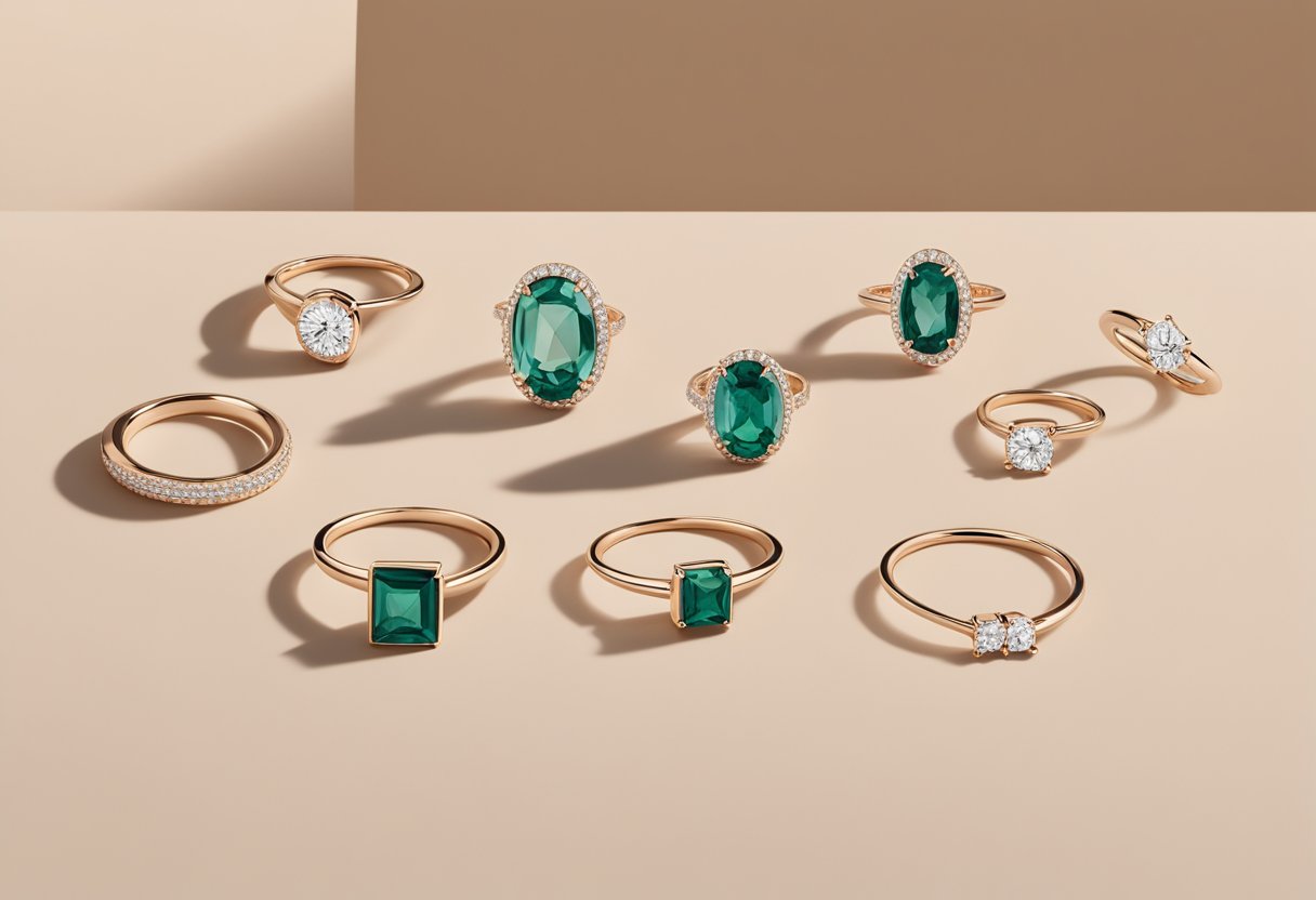 A display of 7 elegant jewelry pieces from AUrate, each showcasing unique and ethically sourced materials, arranged on a clean, minimalist backdrop