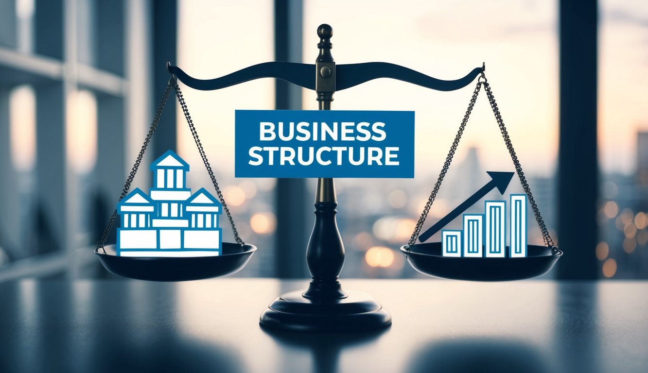 A scale with various business structure options on one side and legal and tax implications on the other. An arrow pointing towards the best choice