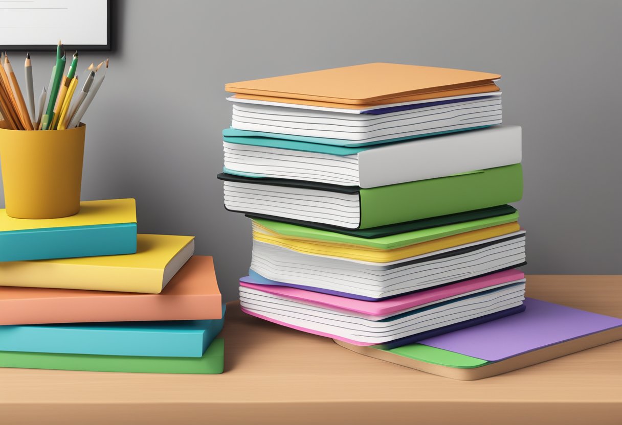 A stack of Recycled Notebooks by EcoPaper sits on a wooden desk surrounded by other sustainable office supplies. The notebooks have colorful covers and are neatly arranged in a row