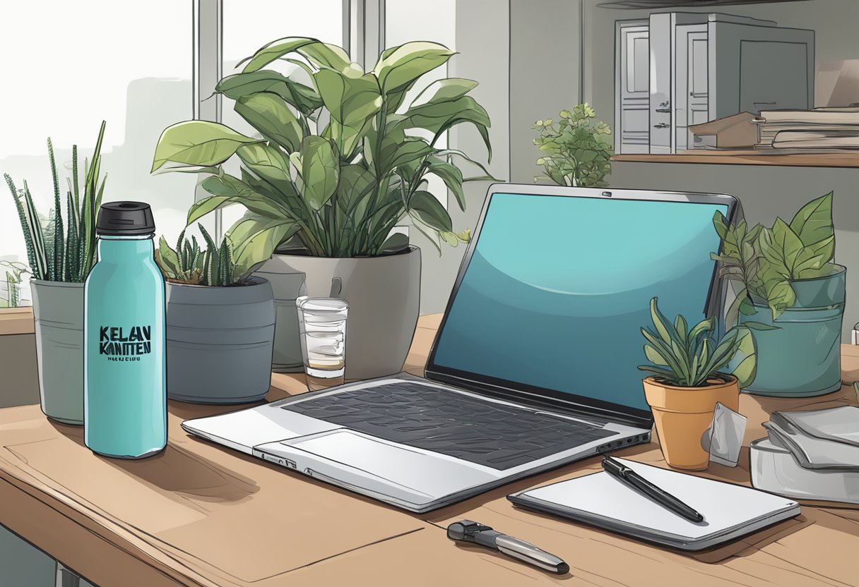 A desk with a laptop, notebook, and a stack of reusable steel water bottles by Klean Kanteen. A potted plant and a sustainable office supply organizer complete the scene