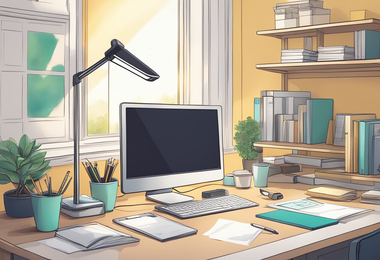 A desk with a sleek solar-powered lamp illuminating a clutter-free workspace surrounded by eco-friendly office supplies