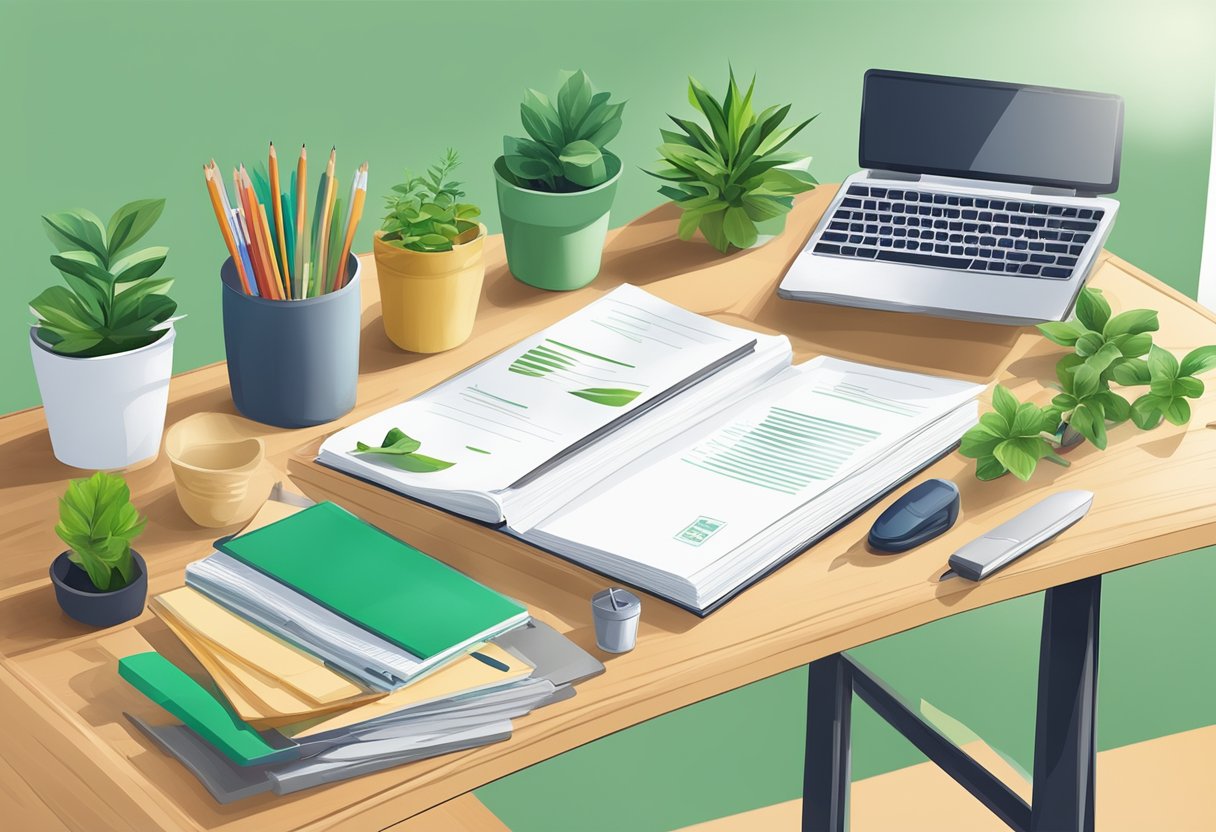 A desk with a stack of recycled paper, a potted plant, and an Eco-Friendly Stapler by EcoElectron among other sustainable office supplies