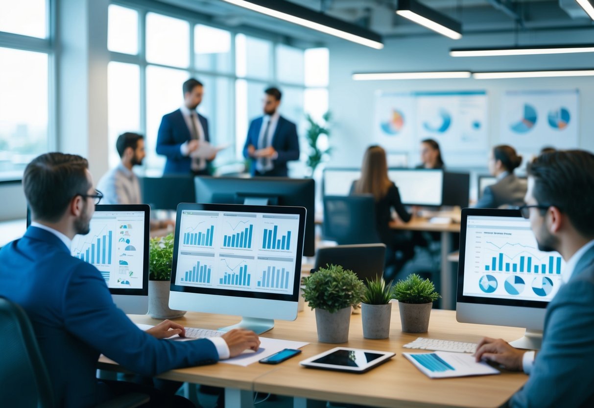 A busy office with charts, graphs, and computers. Employees are analyzing data and collaborating on the development of TRTP indices for public transportation and construction markets