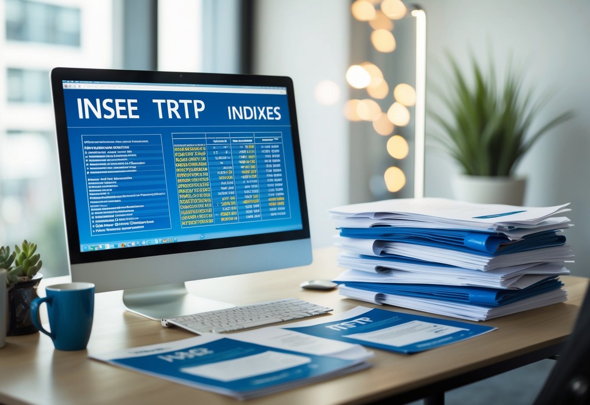 A desk with a computer displaying INSEE TRTP indices, alongside a stack of public procurement documents, all surrounded by accessibility guidelines