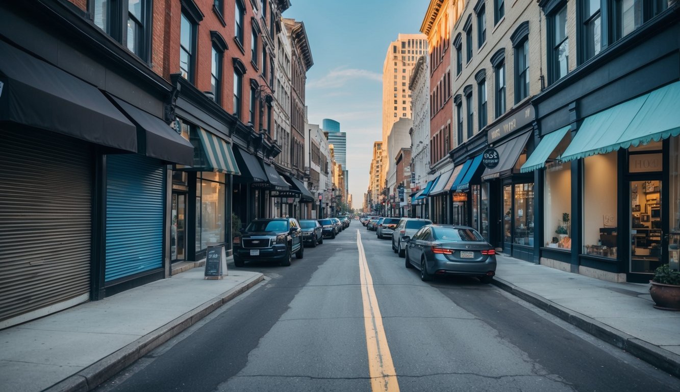 A bustling city street with various storefronts, some closed due to zoning restrictions, while others thrive under favorable zoning laws