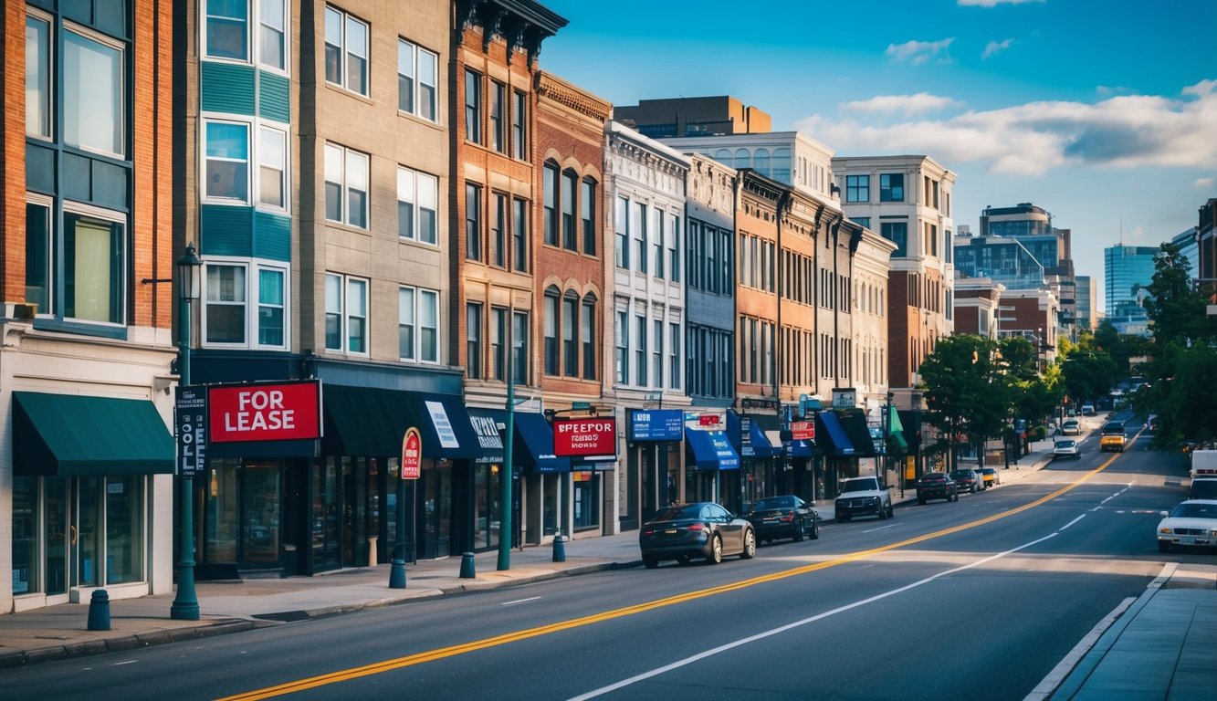 A bustling city street with various types of buildings, some with "For Lease" signs. A mix of commercial and residential properties, with clear zoning distinctions