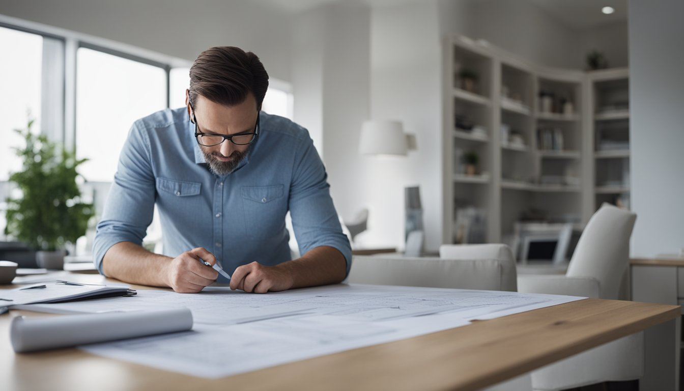 A home renovation consultant reviewing blueprints and samples in a bright, spacious room with large windows and modern furniture