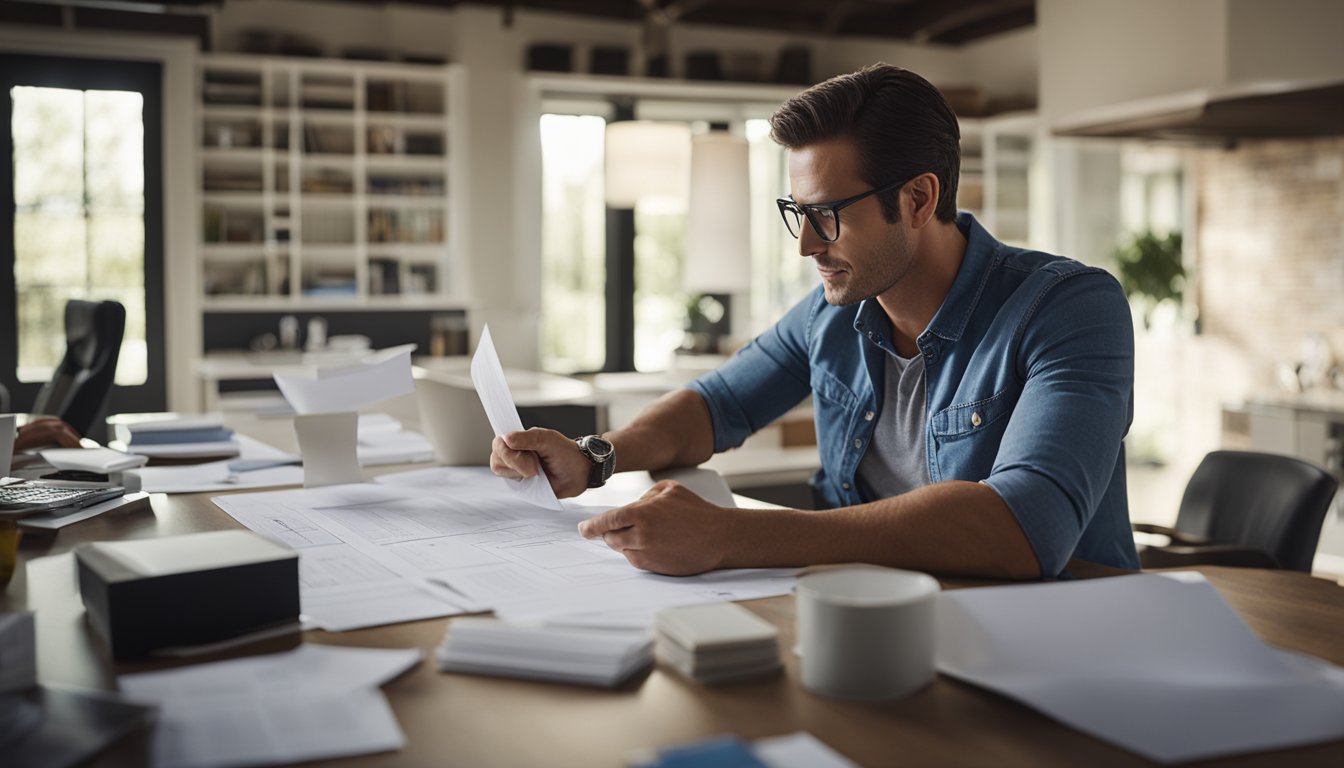 A home renovation consultant sits at a desk, surrounded by blueprints and samples. They gesture confidently while discussing plans with a client