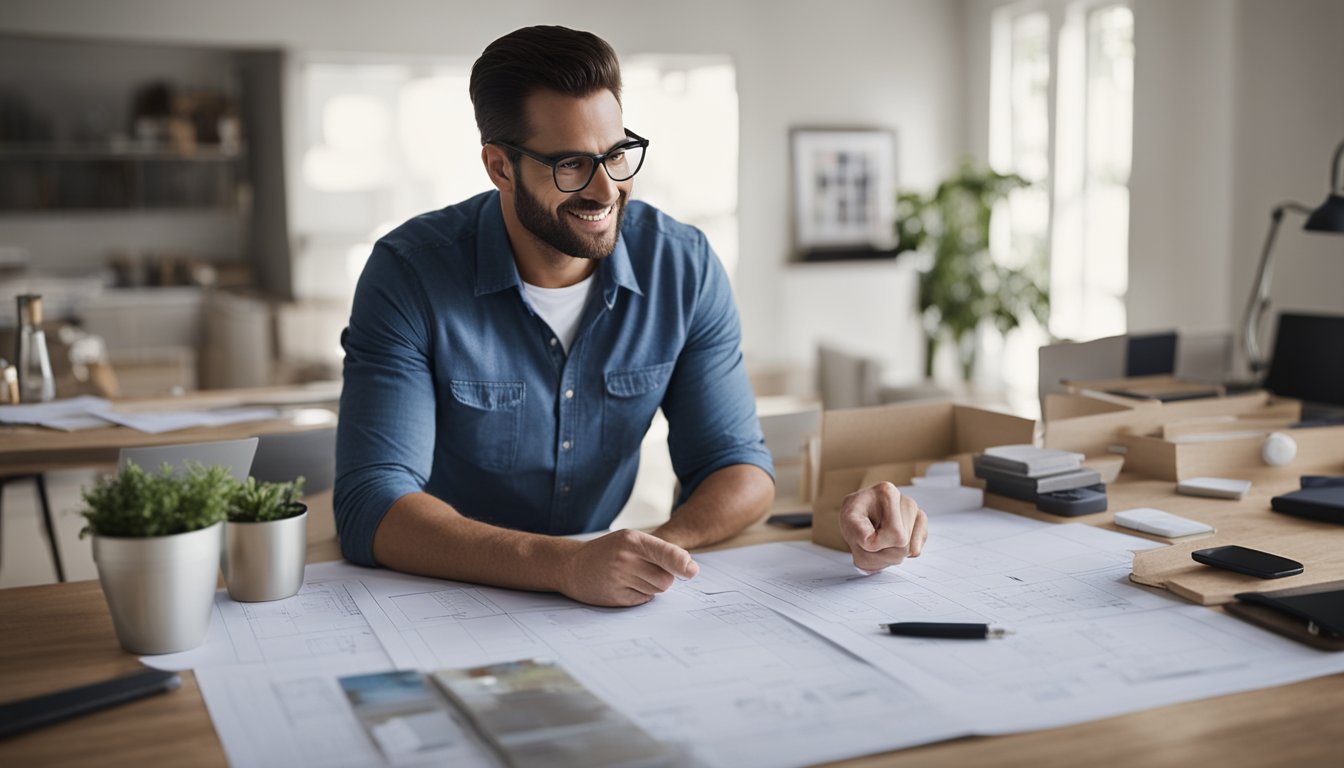 A home renovation consultant sits at a desk, surrounded by blueprints and samples. They are speaking with a homeowner, pointing to a floor plan and offering suggestions