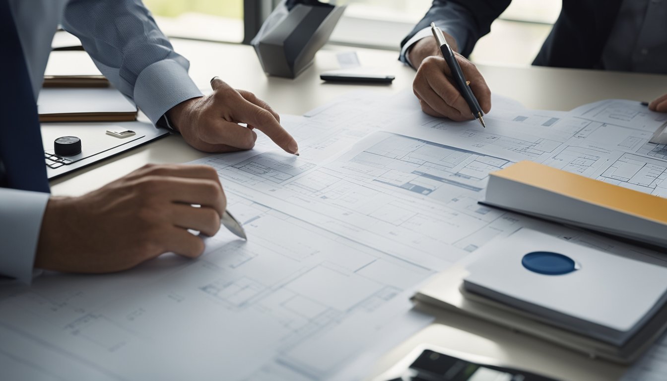 A consultant surveys a home, noting areas for improvement. Blueprints, tools, and samples lay on a table nearby