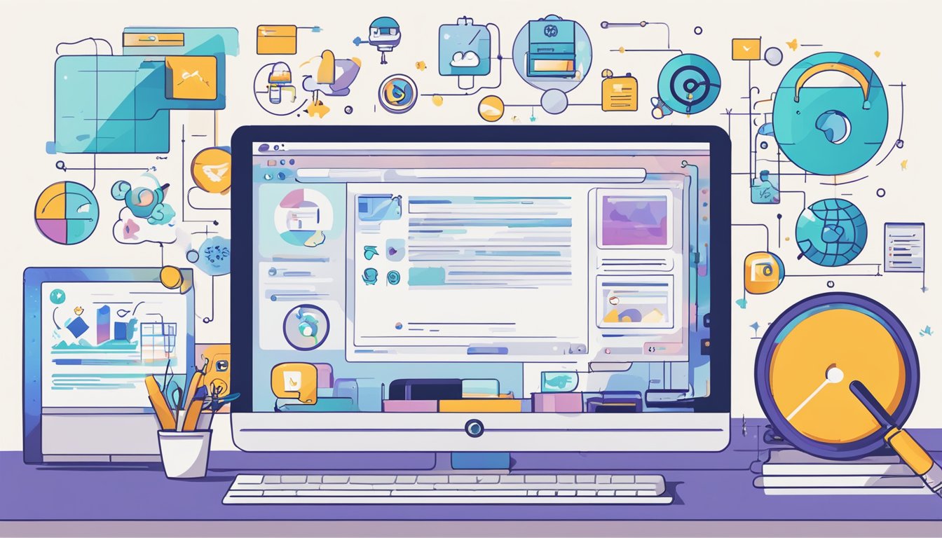 A computer screen with a search engine results page for 'Was ist SEO?' displayed, surrounded by various digital marketing icons and symbols