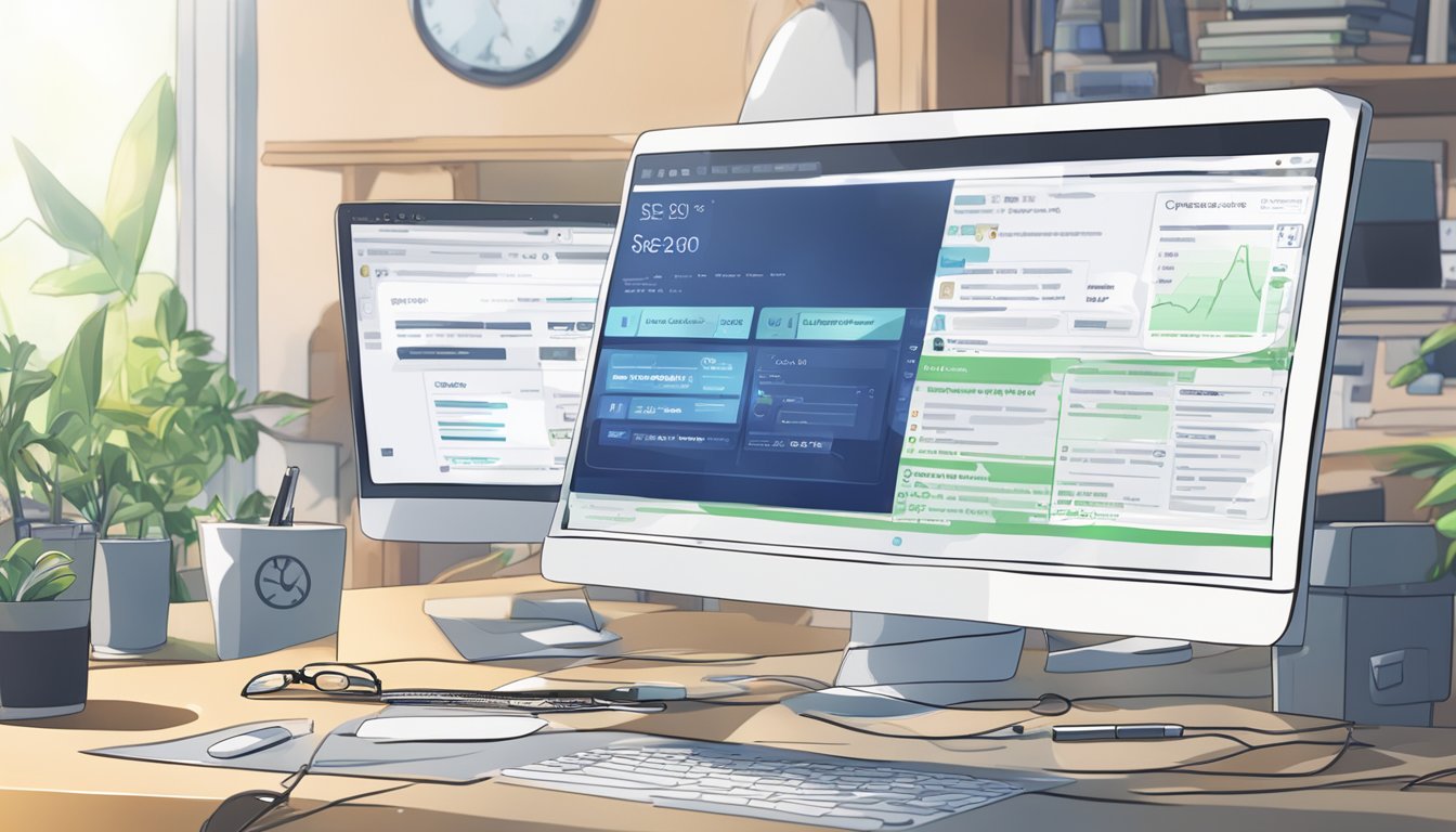 A computer screen with a search engine results page displaying the title 'On-Page SEO Was ist SEO?' A person typing on a keyboard in the background