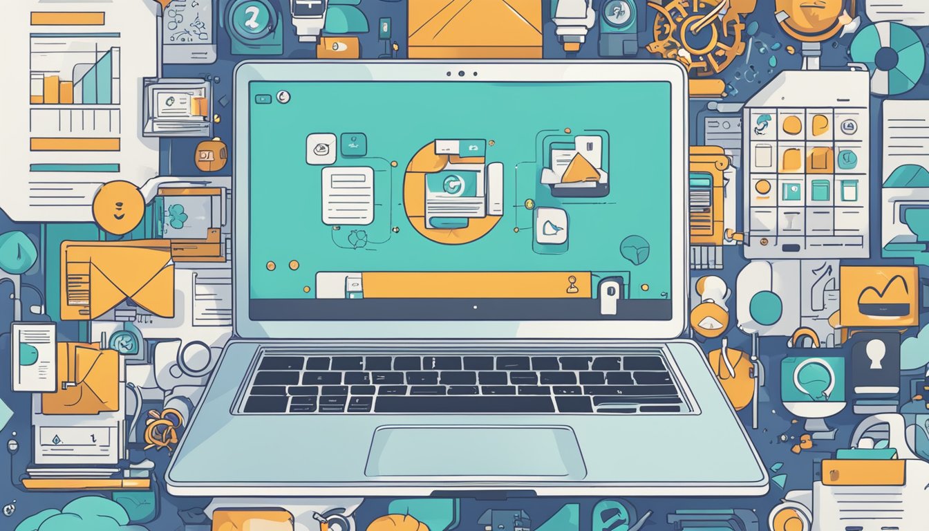 A laptop with a search engine open, surrounded by various marketing and SEO related icons and symbols